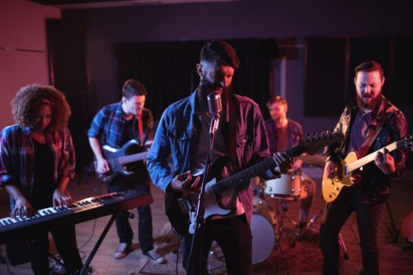 Band performing in recording studio
